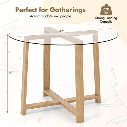 42 Inches Round Glass Dining Table, Tempered Glass, Rubber Wood Legs, Natural Dining Tables at Gallery Canada