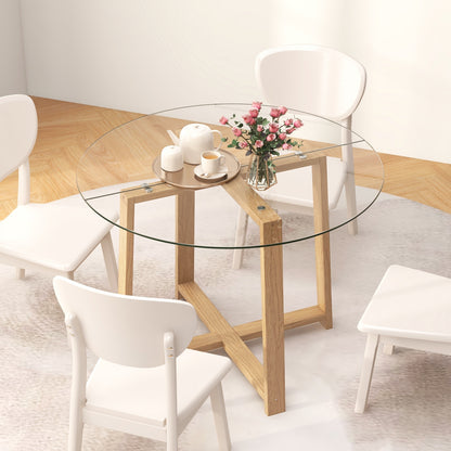 42 Inches Round Glass Dining Table, Tempered Glass, Rubber Wood Legs, Natural Dining Tables at Gallery Canada