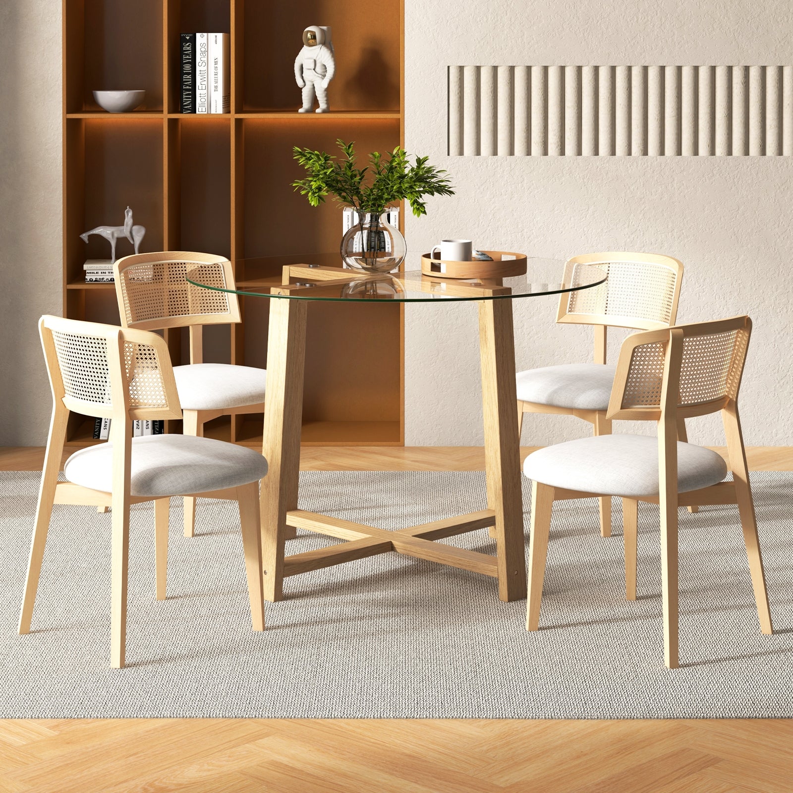 42 Inches Round Glass Dining Table, Tempered Glass, Rubber Wood Legs, Natural Dining Tables at Gallery Canada