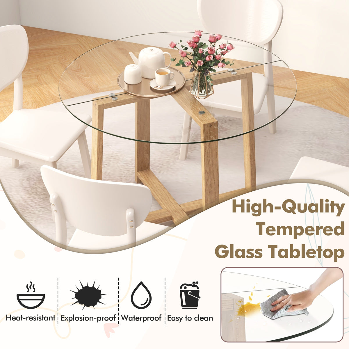 42 Inches Round Glass Dining Table, Tempered Glass, Rubber Wood Legs, Natural Dining Tables at Gallery Canada