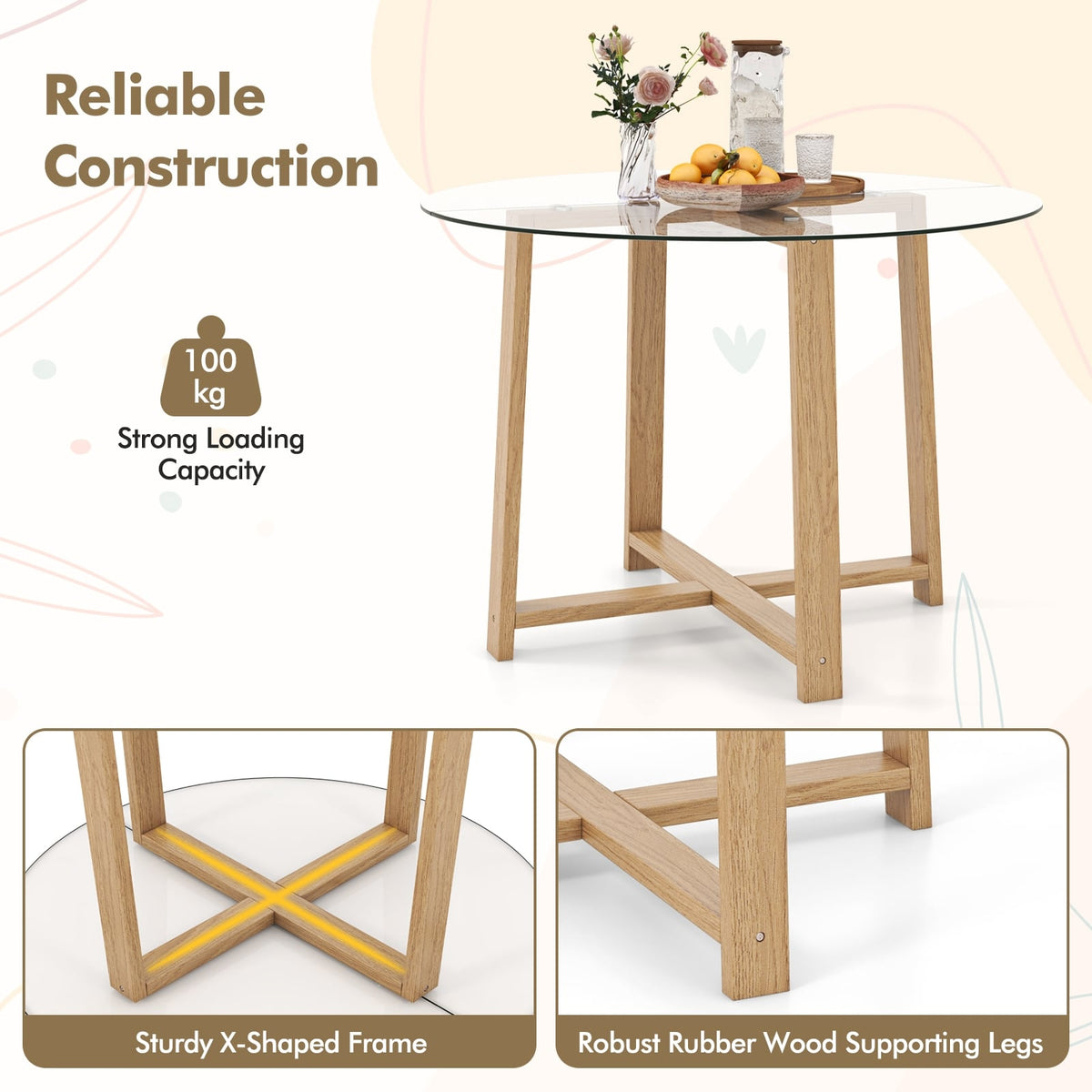 42 Inches Round Glass Dining Table, Tempered Glass, Rubber Wood Legs, Natural Dining Tables at Gallery Canada