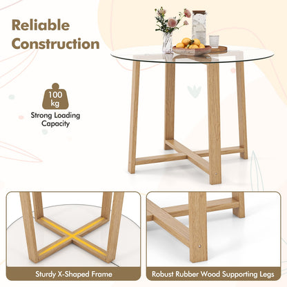 42 Inches Round Glass Dining Table, Tempered Glass, Rubber Wood Legs, Natural Dining Tables at Gallery Canada
