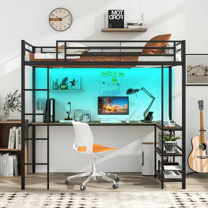 Twin Size Loft Bed With Desk, 2 Storage Shelves, Black Bunk Bed Frame at Gallery Canada