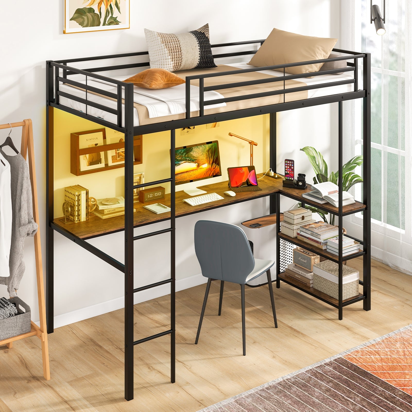 Twin Size Loft Bed With Desk, 2 Storage Shelves, Black Bunk Bed Frame at Gallery Canada