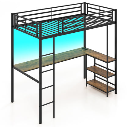 Twin Size Loft Bed With Desk, 2 Storage Shelves, Black Bunk Bed Frame at Gallery Canada
