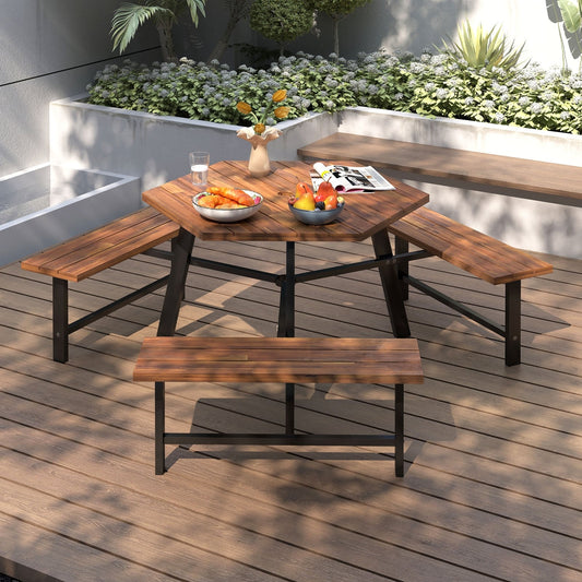 6 Person Acacia Wood Picnic Table, 3 Seats, Brown Picnic Tables Brown at Gallery Canada