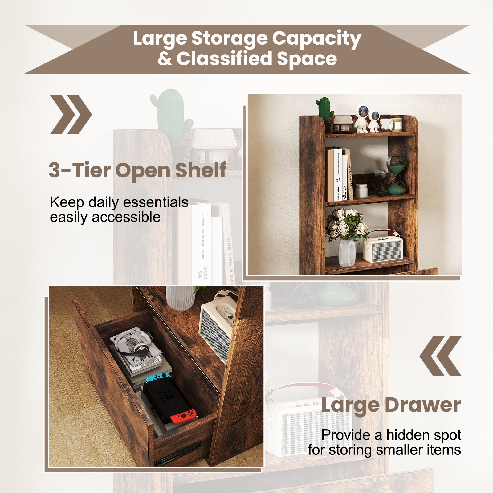 Freestanding Bookshelf, 3-Tier Open Shelf, Rustic Brown Bookcases at Gallery Canada