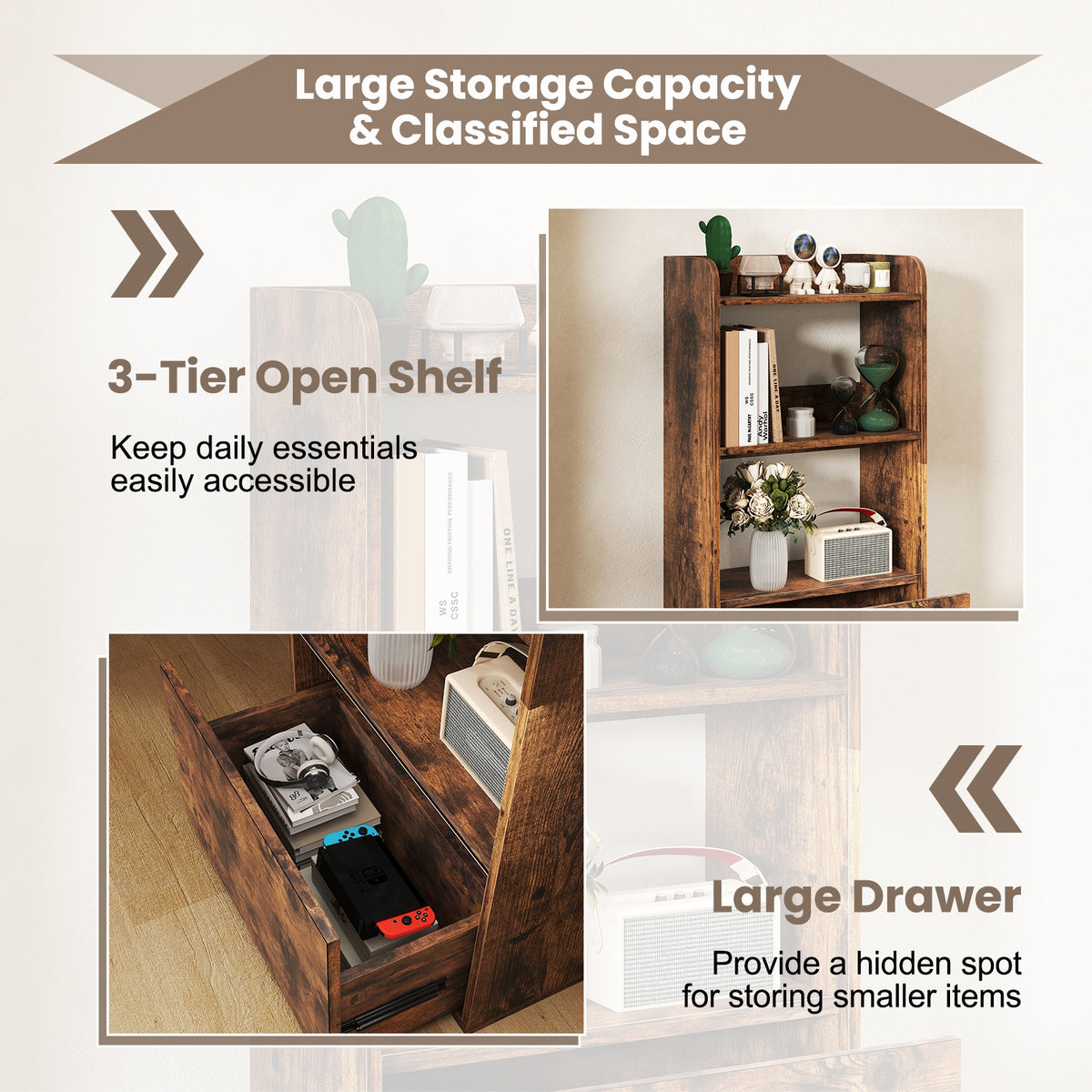 Freestanding Bookshelf, 3-Tier Open Shelf, Rustic Brown Bookcases at Gallery Canada