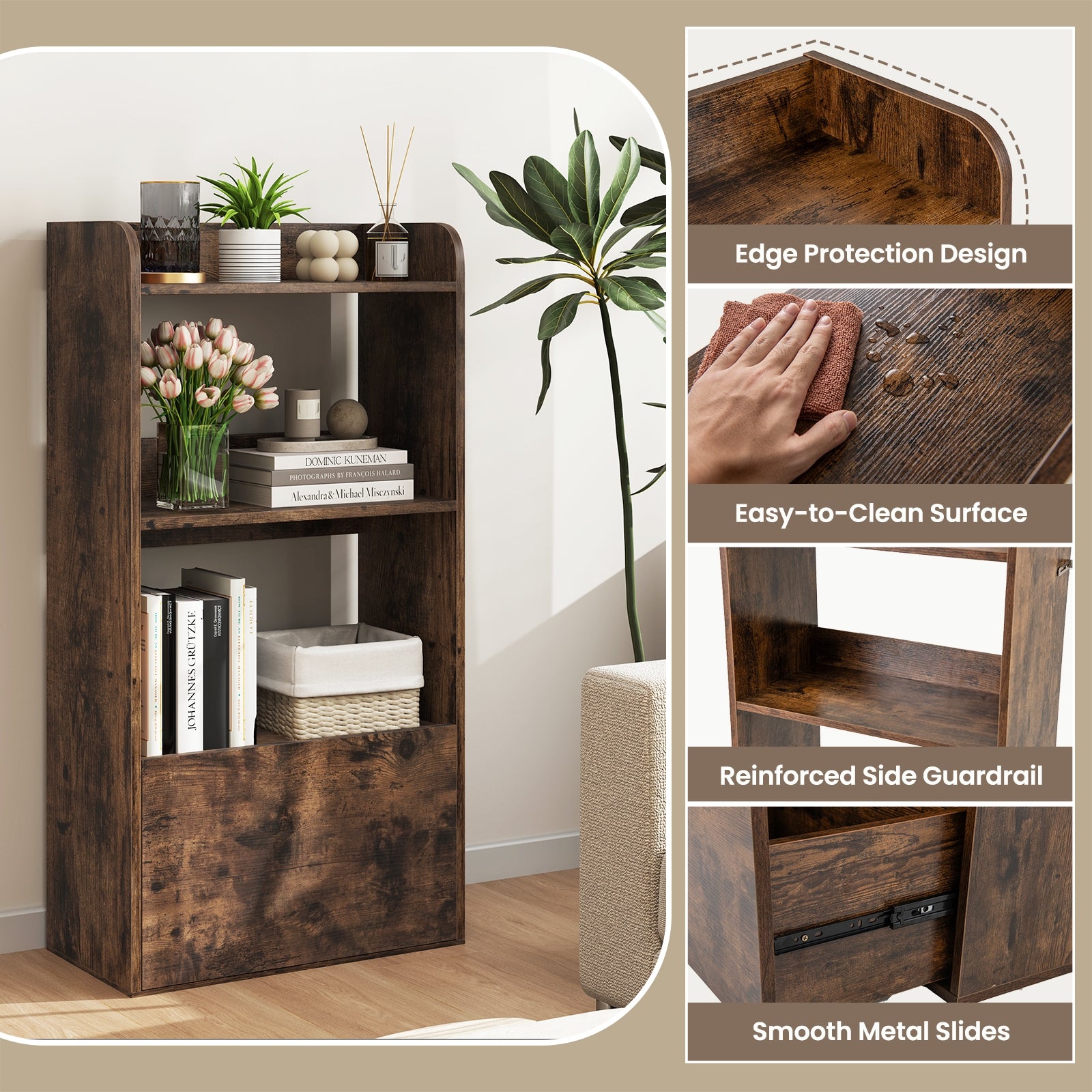 Freestanding Bookshelf, 3-Tier Open Shelf, Rustic Brown Bookcases at Gallery Canada