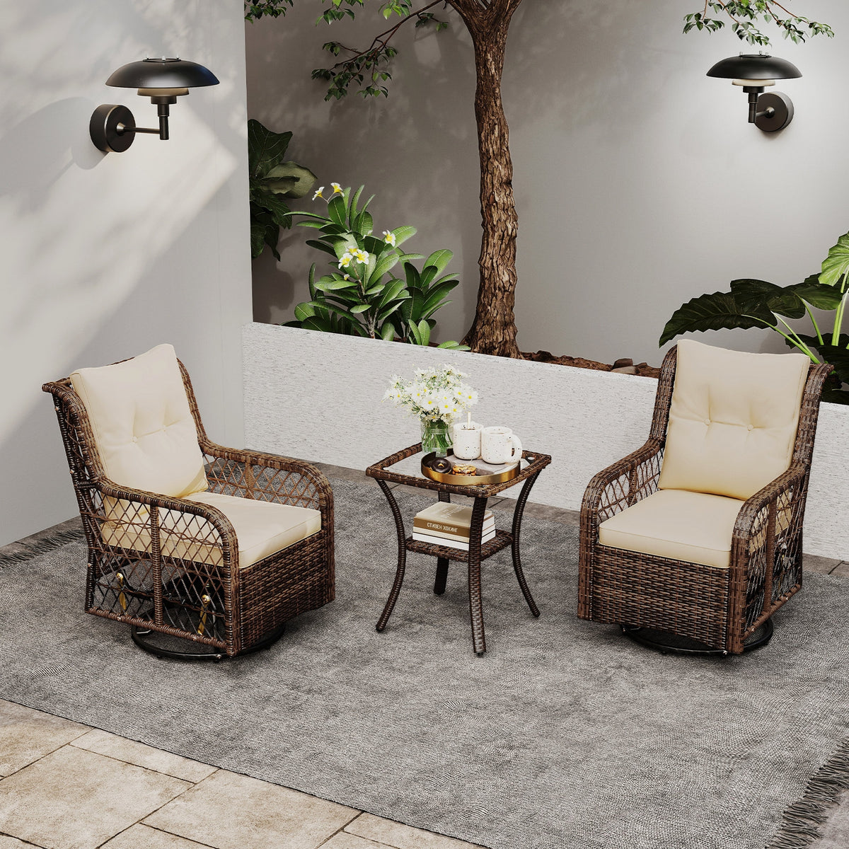 3-Piece Patio Furniture Set, Swivel Glider Chairs, 2-Tier Side Table, Brown Patio Conversation Sets at Gallery Canada