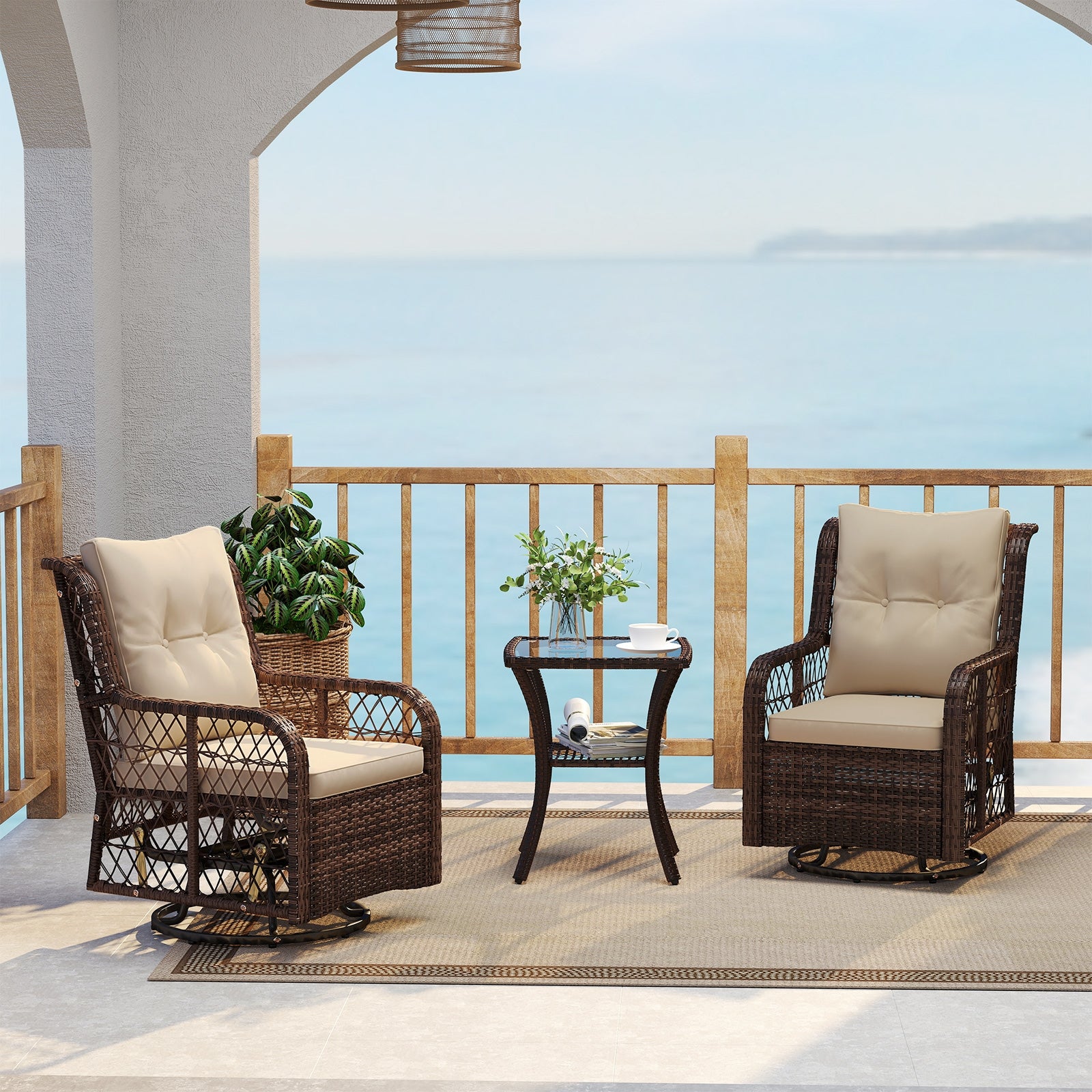 3-Piece Patio Furniture Set, Swivel Glider Chairs, 2-Tier Side Table, Brown Patio Conversation Sets at Gallery Canada