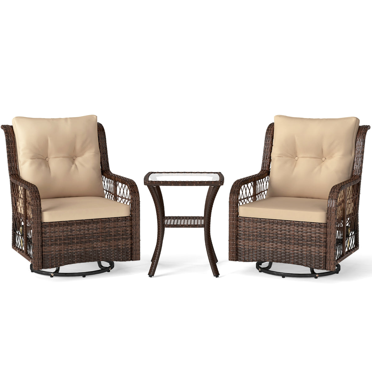 3-Piece Patio Furniture Set, Swivel Glider Chairs, 2-Tier Side Table, Brown Patio Conversation Sets Brown at Gallery Canada