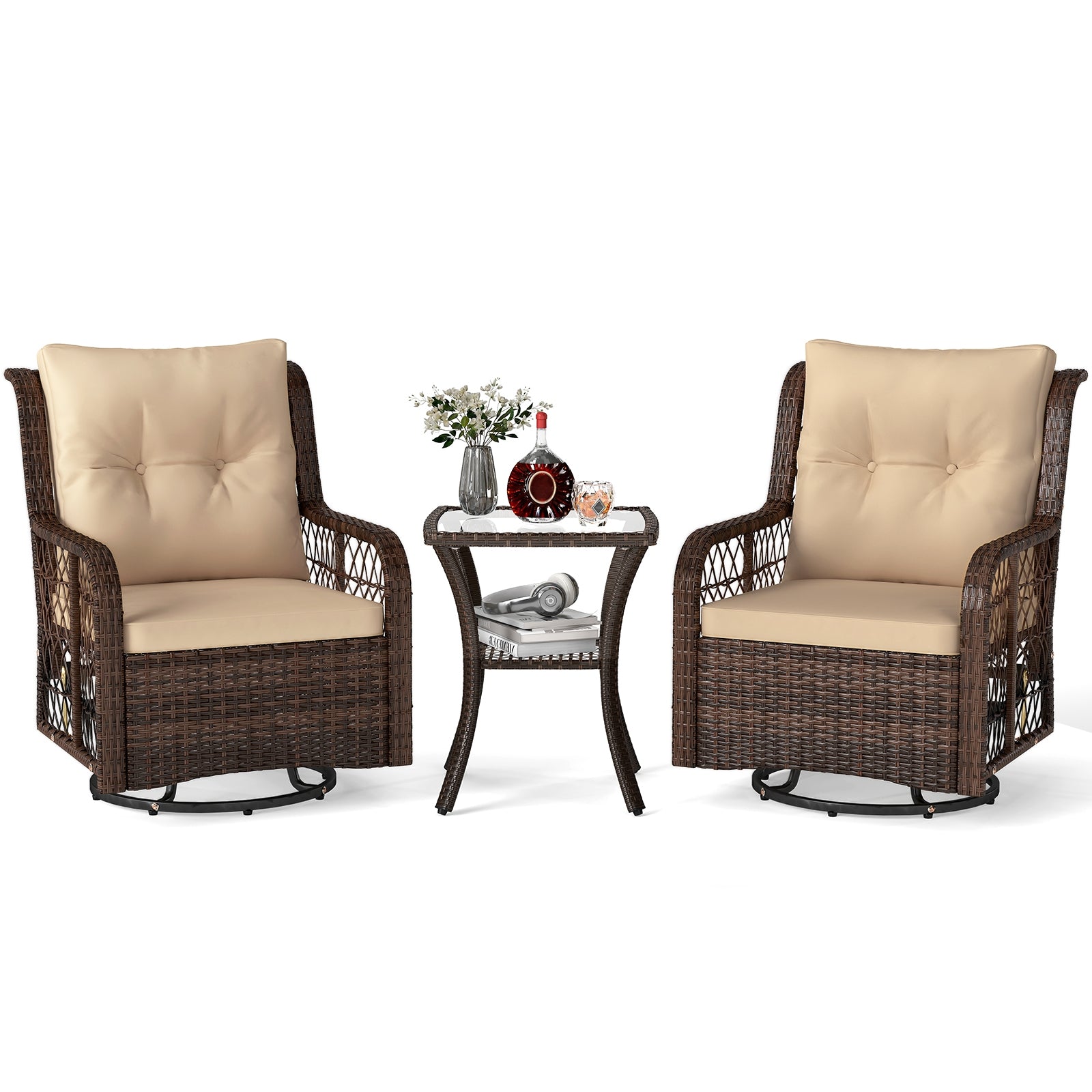 3-Piece Patio Furniture Set, Swivel Glider Chairs, 2-Tier Side Table, Brown Patio Conversation Sets at Gallery Canada