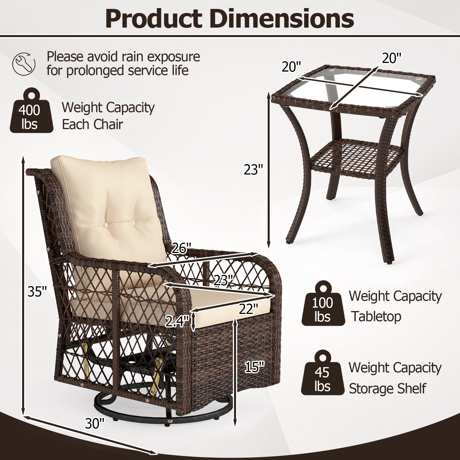 3-Piece Patio Furniture Set, Swivel Glider Chairs, 2-Tier Side Table, Brown Patio Conversation Sets at Gallery Canada