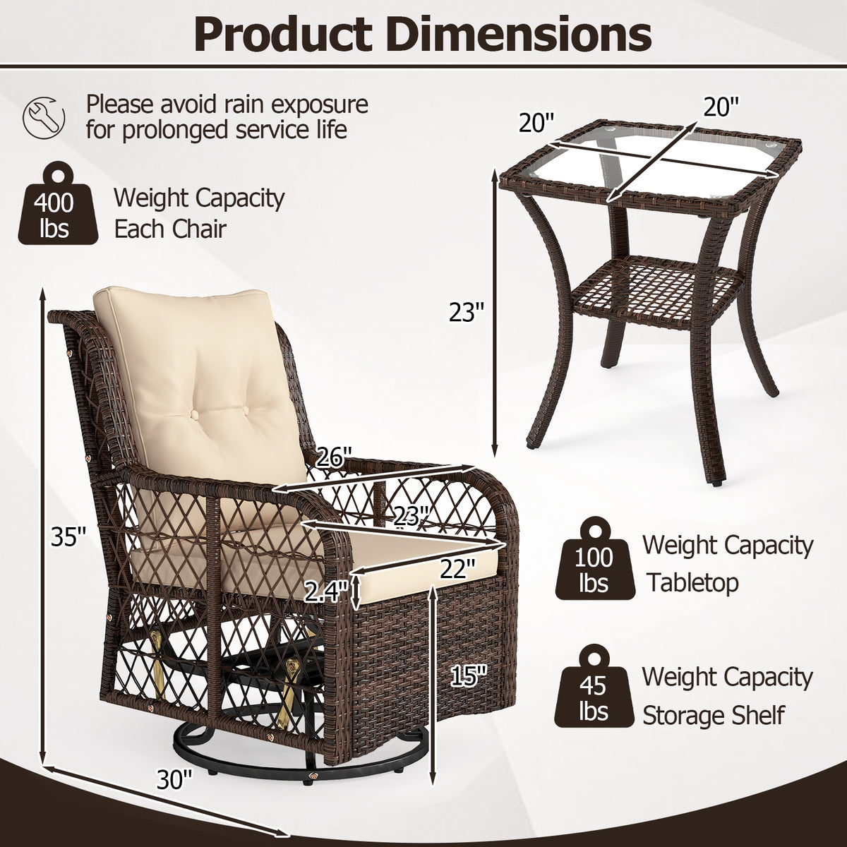 3-Piece Patio Furniture Set, Swivel Glider Chairs, 2-Tier Side Table, Brown Patio Conversation Sets at Gallery Canada