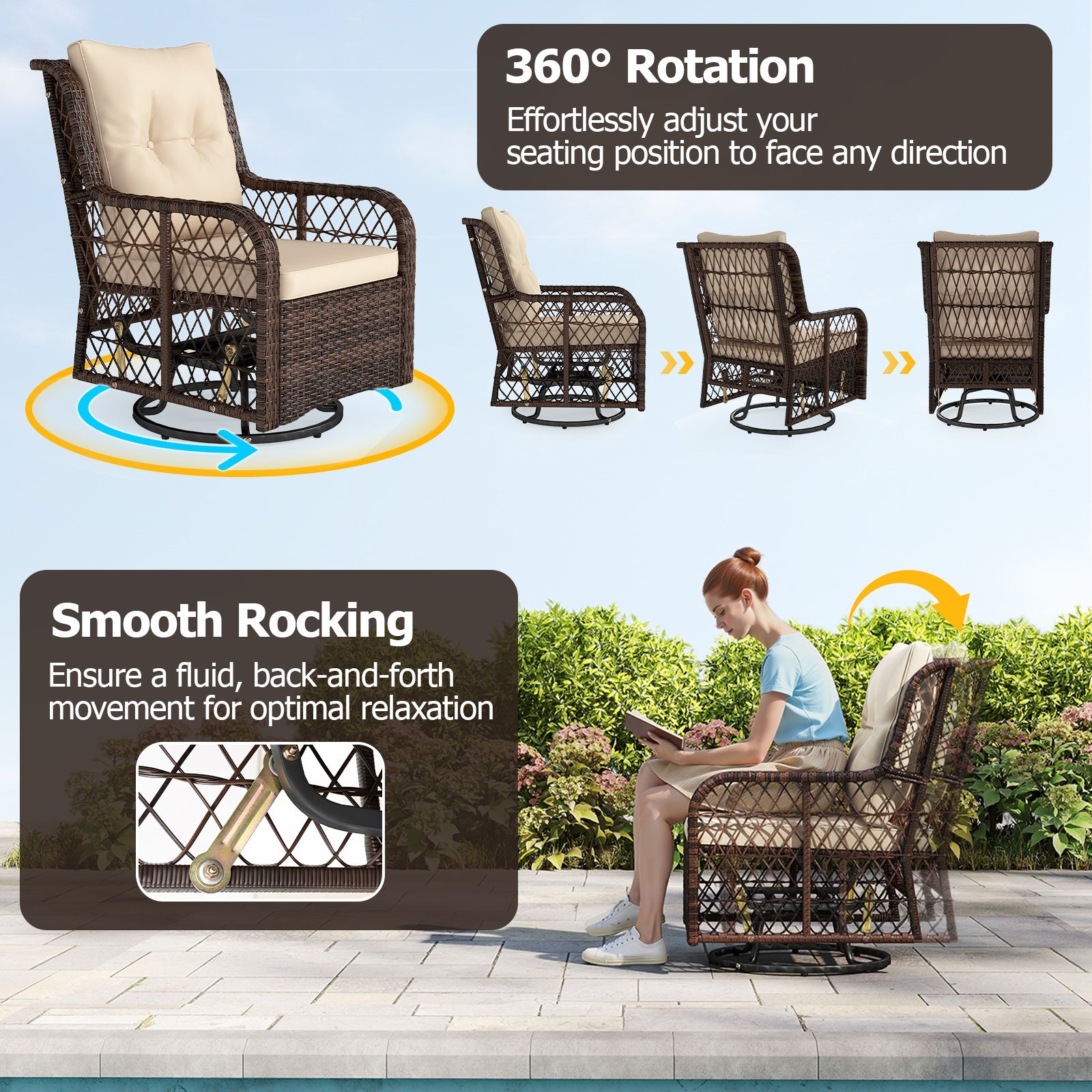 3-Piece Patio Furniture Set, Swivel Glider Chairs, 2-Tier Side Table, Brown Patio Conversation Sets at Gallery Canada