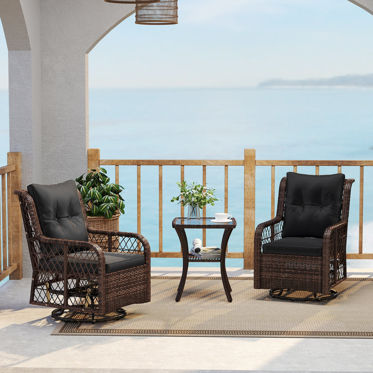 3-Piece Patio Set, Swivel Glider Chairs, 2-Tier Side Table, Cushions, Black Patio Conversation Sets at Gallery Canada