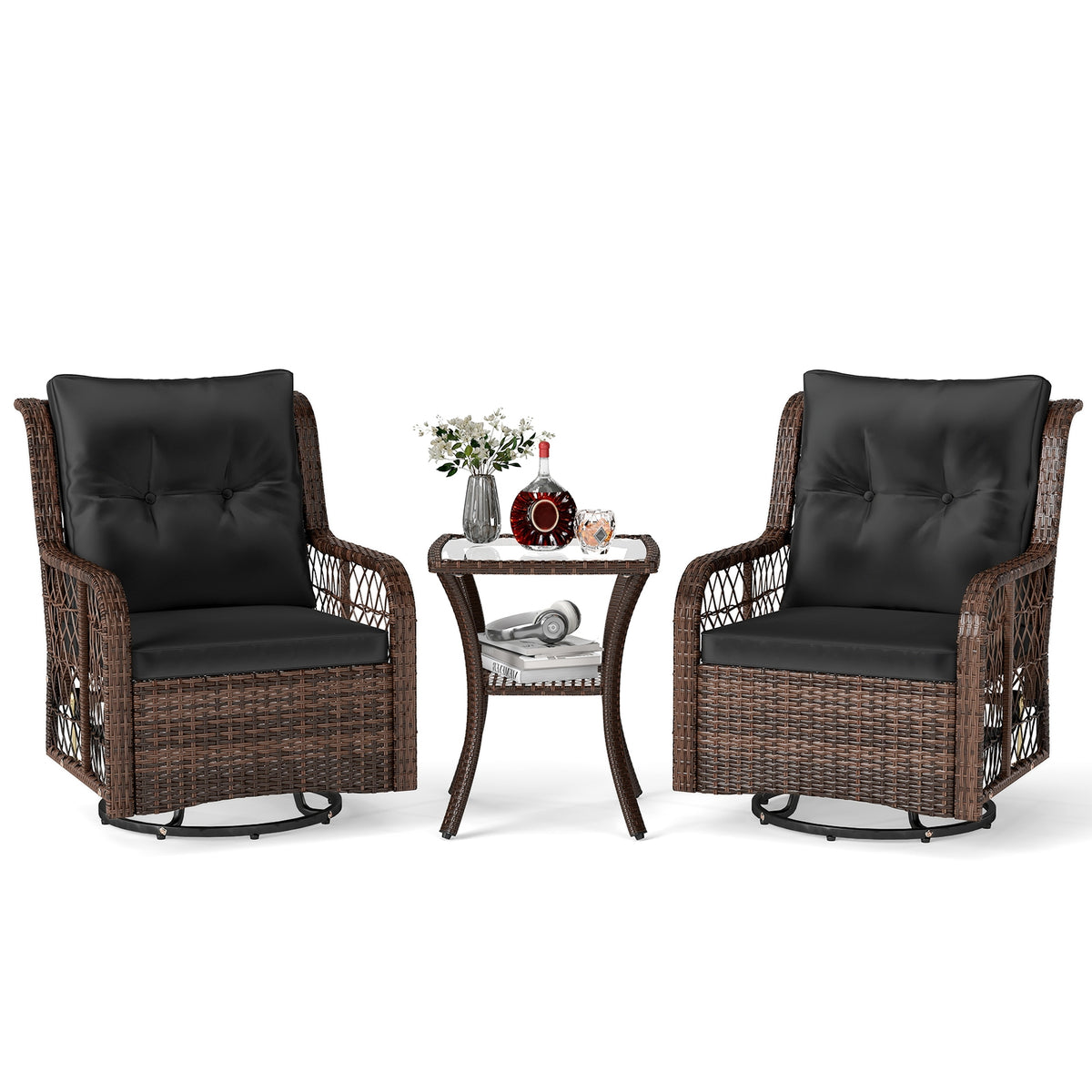 3-Piece Patio Set, Swivel Glider Chairs, 2-Tier Side Table, Cushions, Black Patio Conversation Sets at Gallery Canada