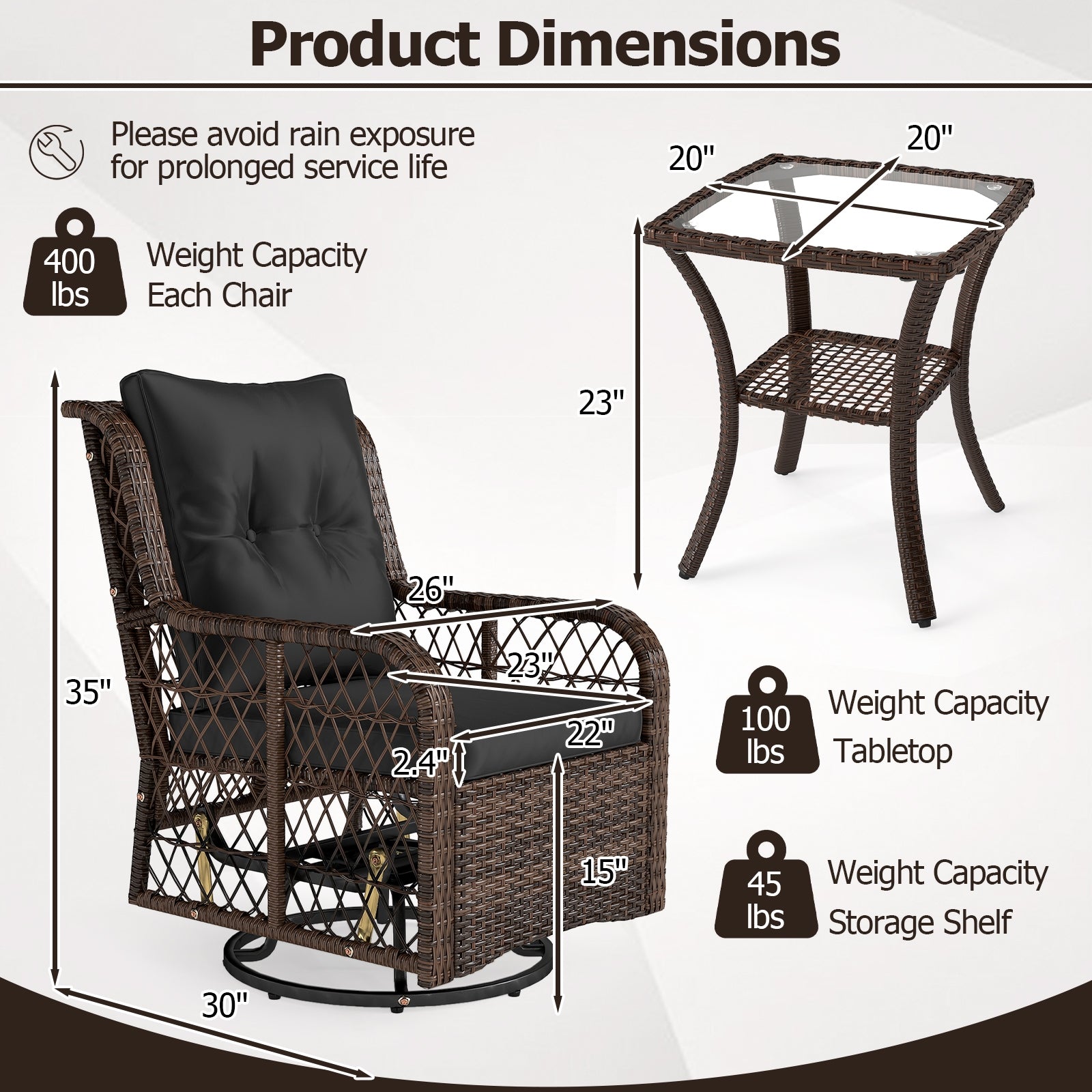 3-Piece Patio Set, Swivel Glider Chairs, 2-Tier Side Table, Cushions, Black Patio Conversation Sets at Gallery Canada