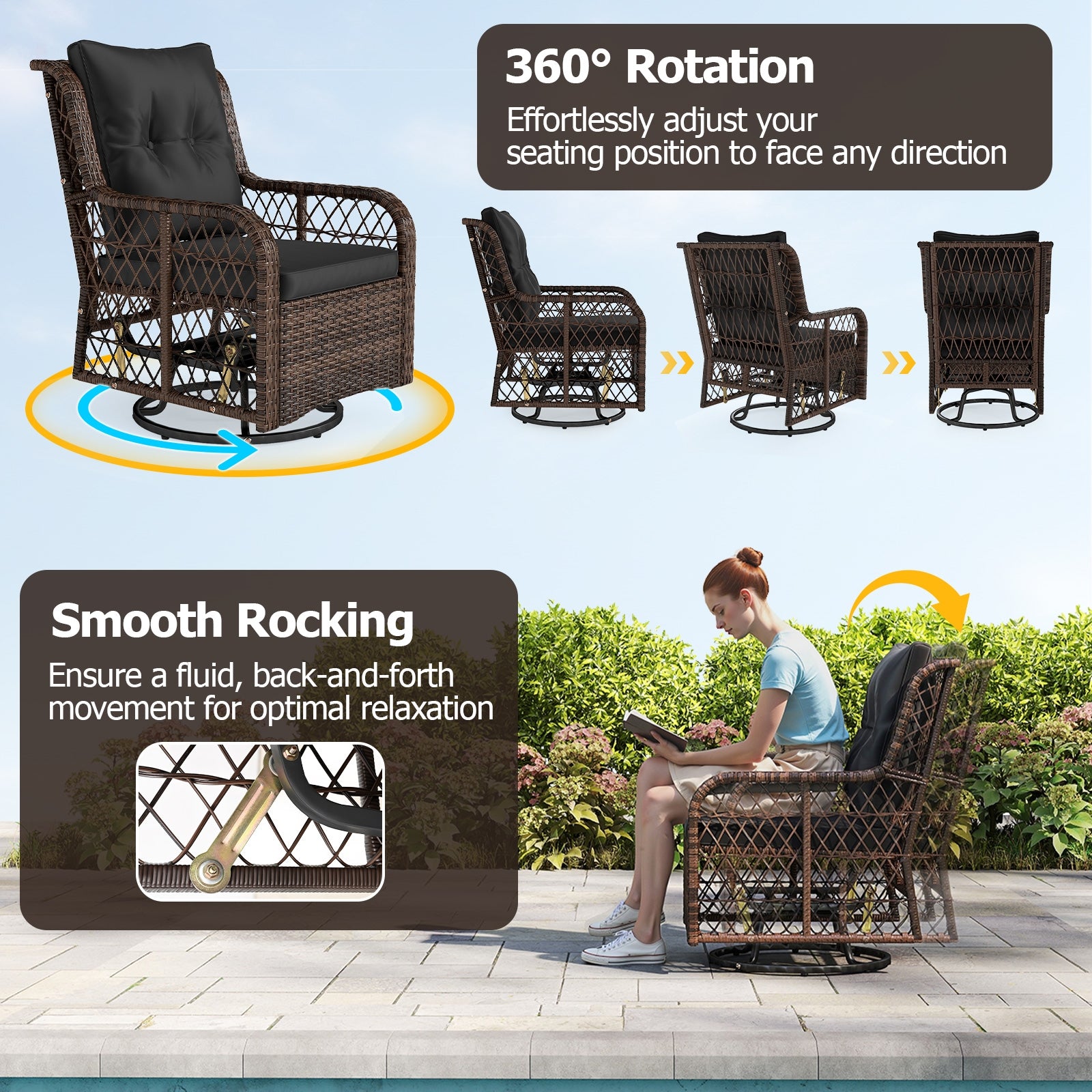 3-Piece Patio Set, Swivel Glider Chairs, 2-Tier Side Table, Cushions, Black Patio Conversation Sets at Gallery Canada