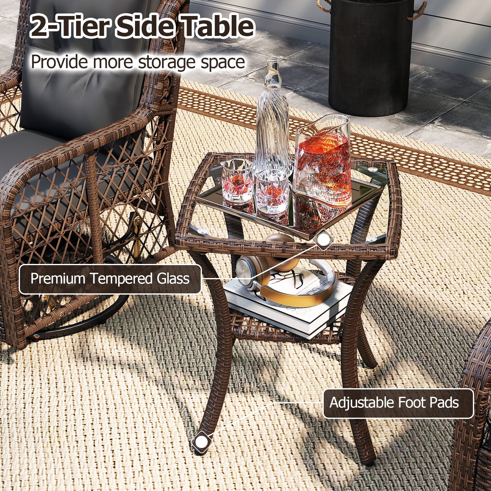 3-Piece Patio Set, Swivel Glider Chairs, 2-Tier Side Table, Cushions, Black Patio Conversation Sets at Gallery Canada
