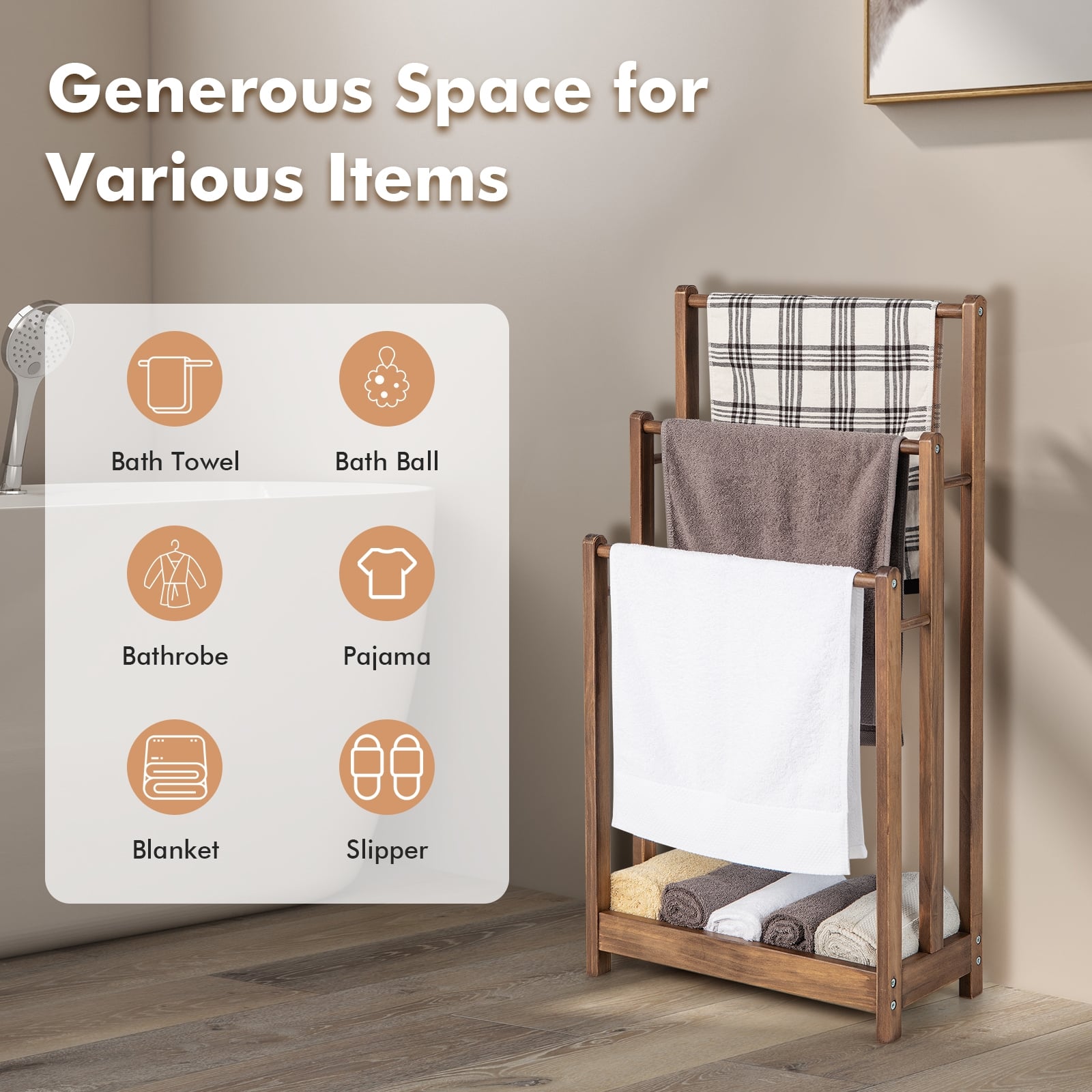 Freestanding Towel Rack, 3-Bar Drying Stand, Rustic Brown Towel Racks at Gallery Canada