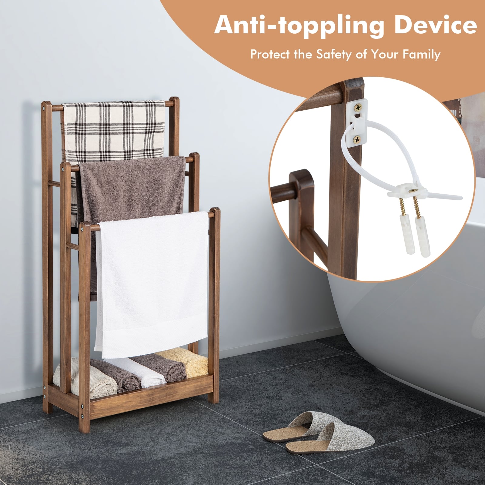 Freestanding Towel Rack, 3-Bar Drying Stand, Rustic Brown Towel Racks at Gallery Canada