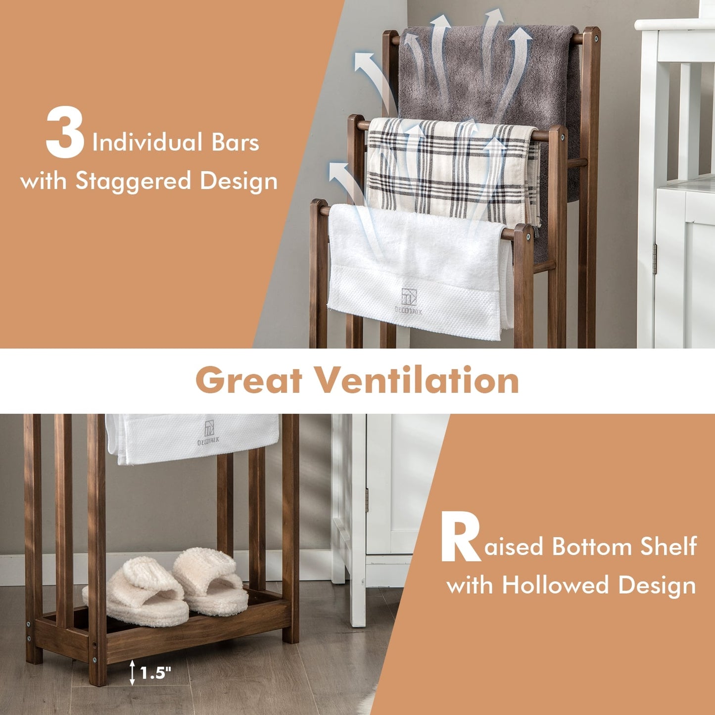 Freestanding Towel Rack, 3-Bar Drying Stand, Rustic Brown Towel Racks at Gallery Canada
