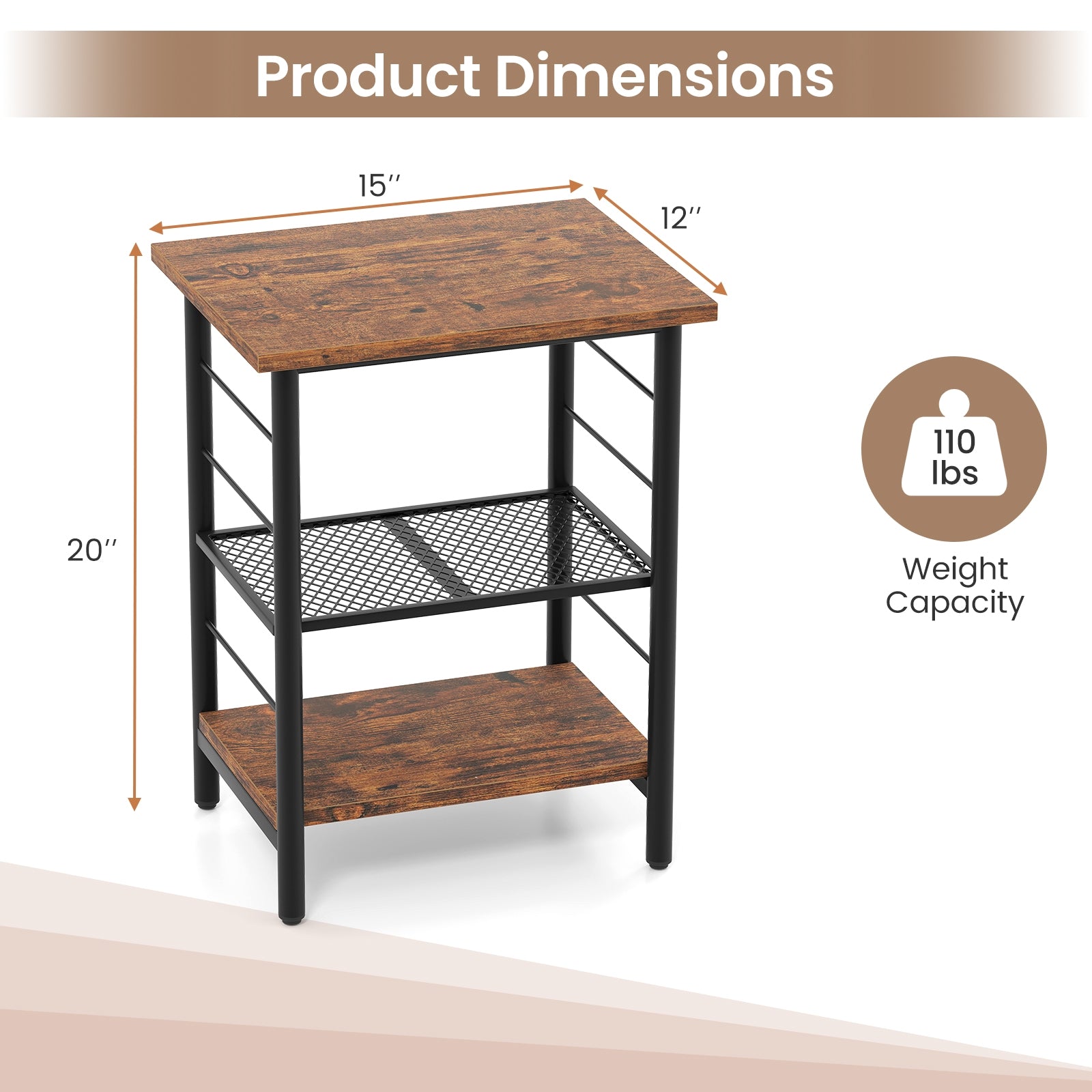 3-Tier End Table Nightstand, Industrial Bedside Table, Brown End & Side Tables at Gallery Canada