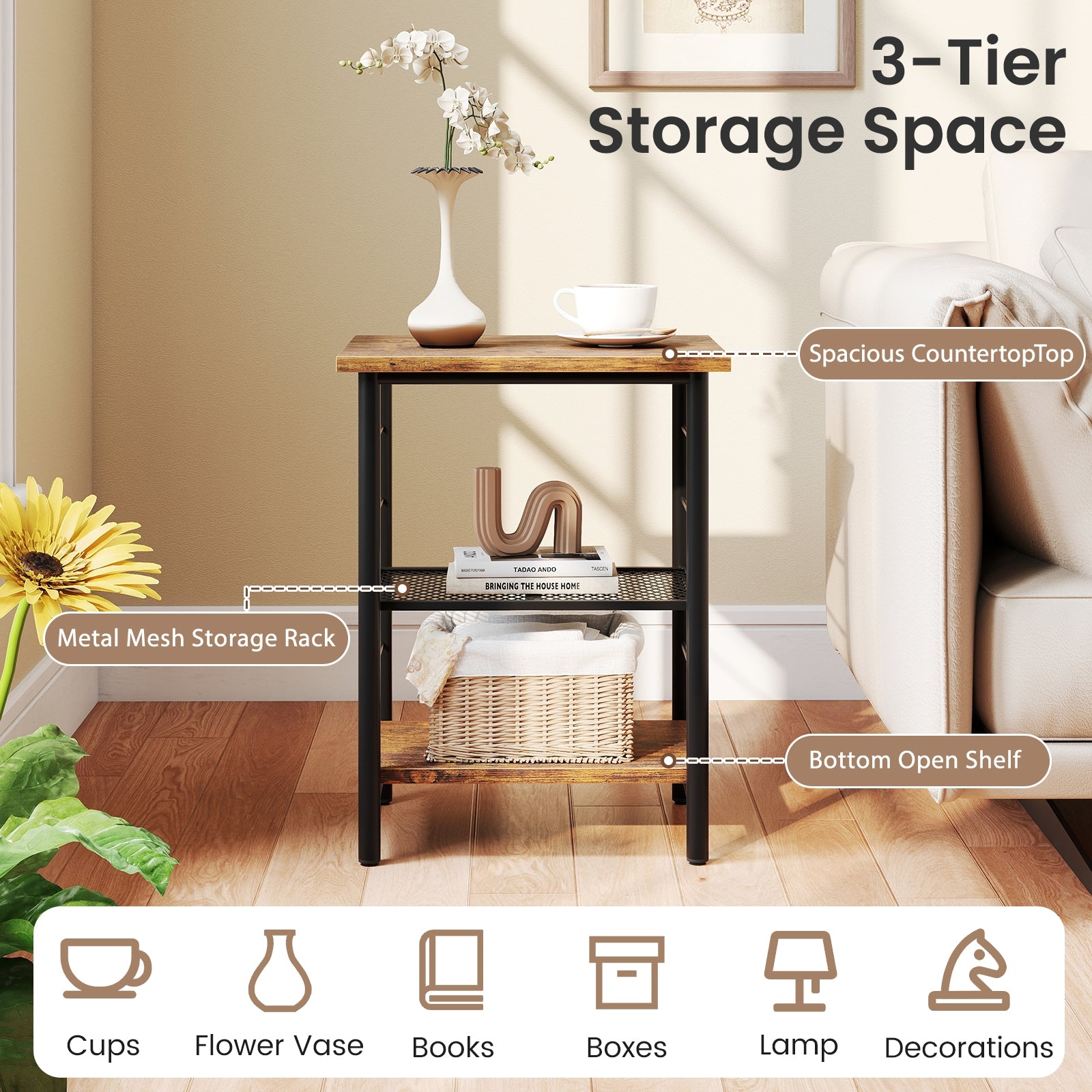 3-Tier End Table Nightstand, Industrial Bedside Table, Brown End & Side Tables at Gallery Canada