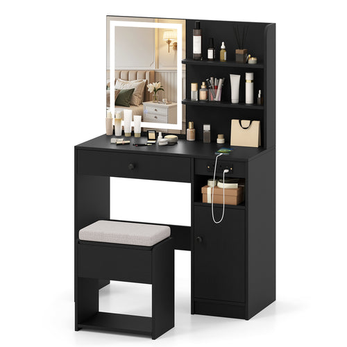 Vanity Desk With Mirror, Lights, Black