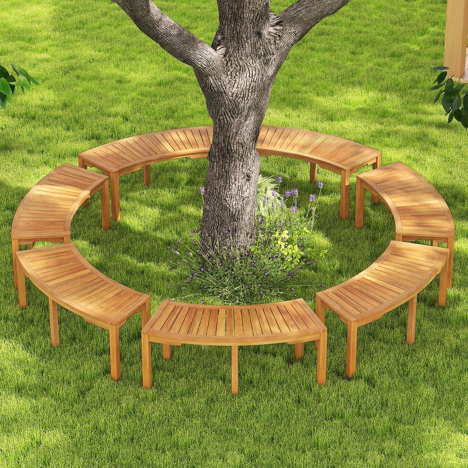 7-Piece Outdoor Acacia Wood Curved Garden Bench, 2-Person, Natural Outdoor Benches at Gallery Canada