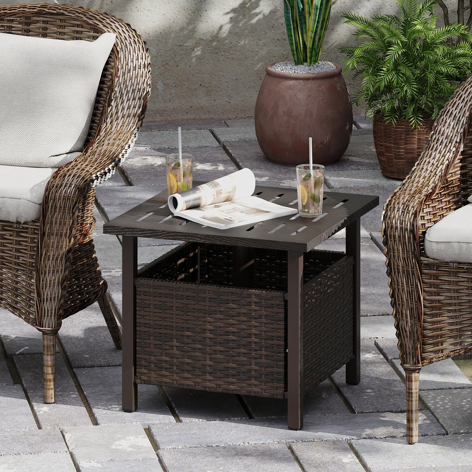 Outdoor Side Table, All-Weather PE Wicker Patio Table, Brown Patio Coffee Tables at Gallery Canada