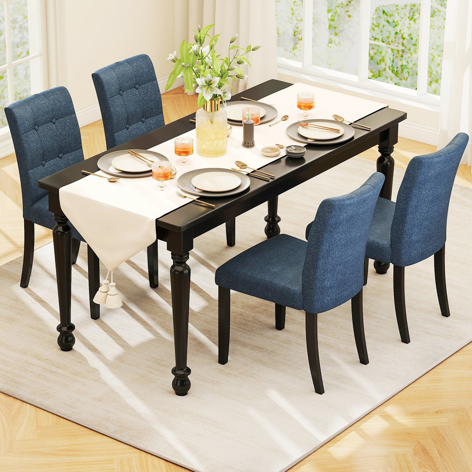 Set Of 2 Tufted Dining Chairs, Armless, Rubber Wood Legs, Dark Blue Dining Chairs at Gallery Canada