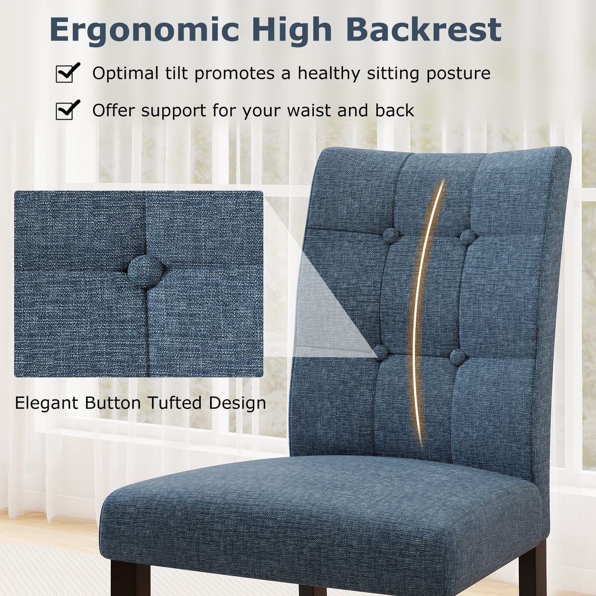 Set Of 2 Tufted Dining Chairs, Armless, Rubber Wood Legs, Dark Blue Dining Chairs at Gallery Canada