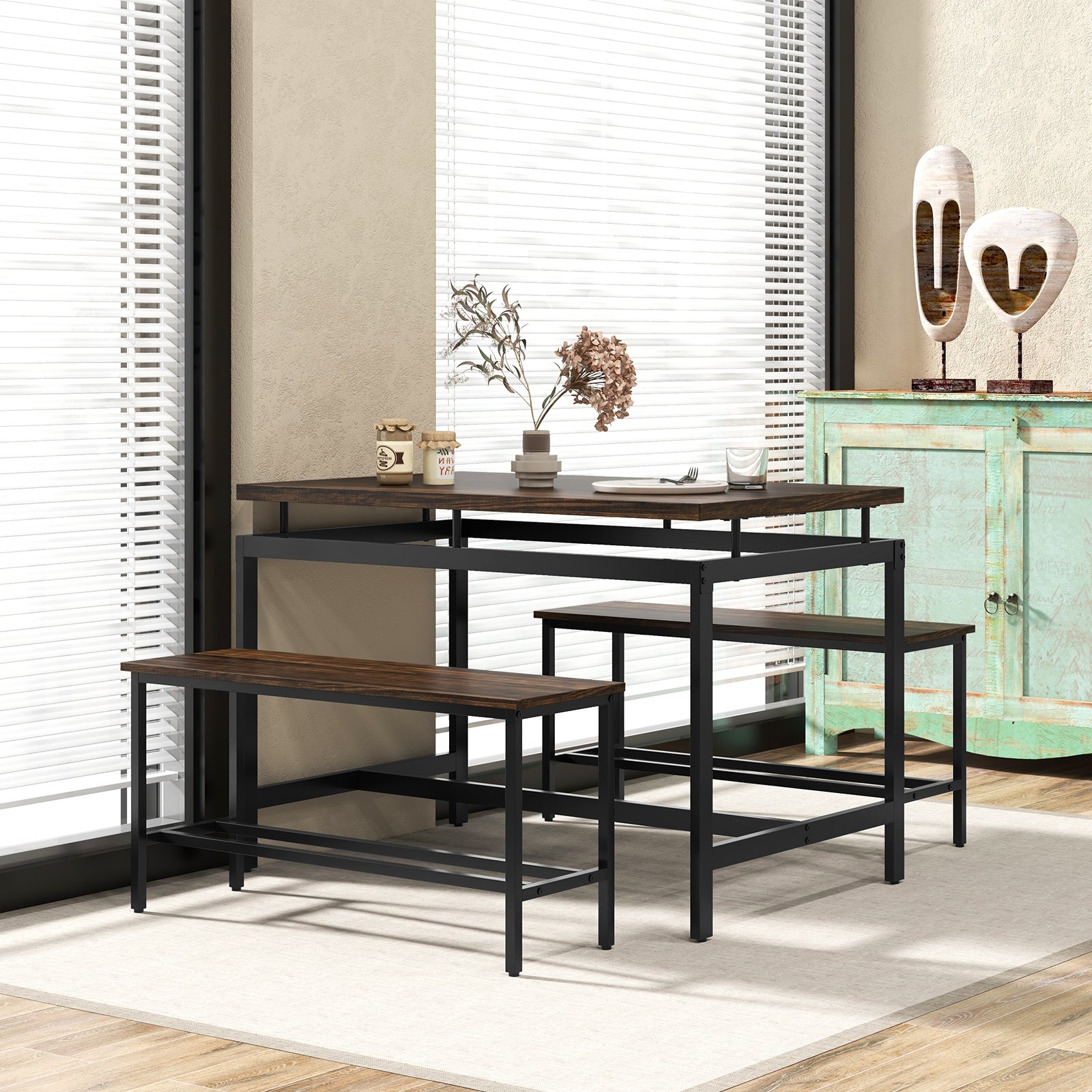 3 Piece Dining Table Set, Wooden Kitchen Table, 2 Benches, Brown Dining Room Sets at Gallery Canada