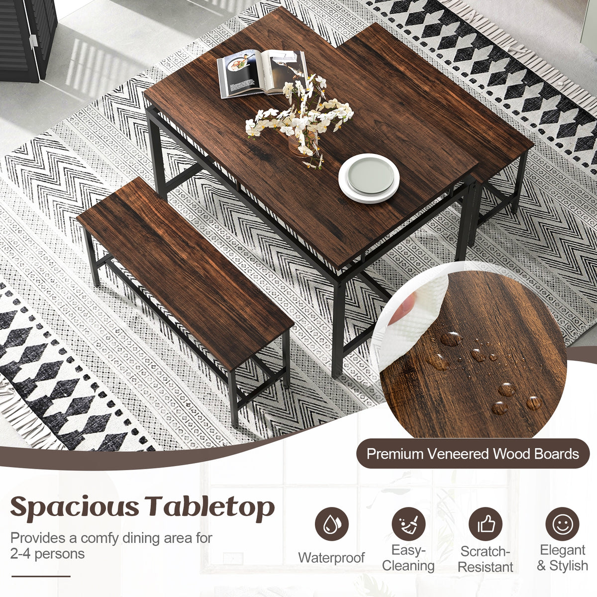 3 Piece Dining Table Set, Wooden Kitchen Table, 2 Benches, Brown Dining Room Sets at Gallery Canada