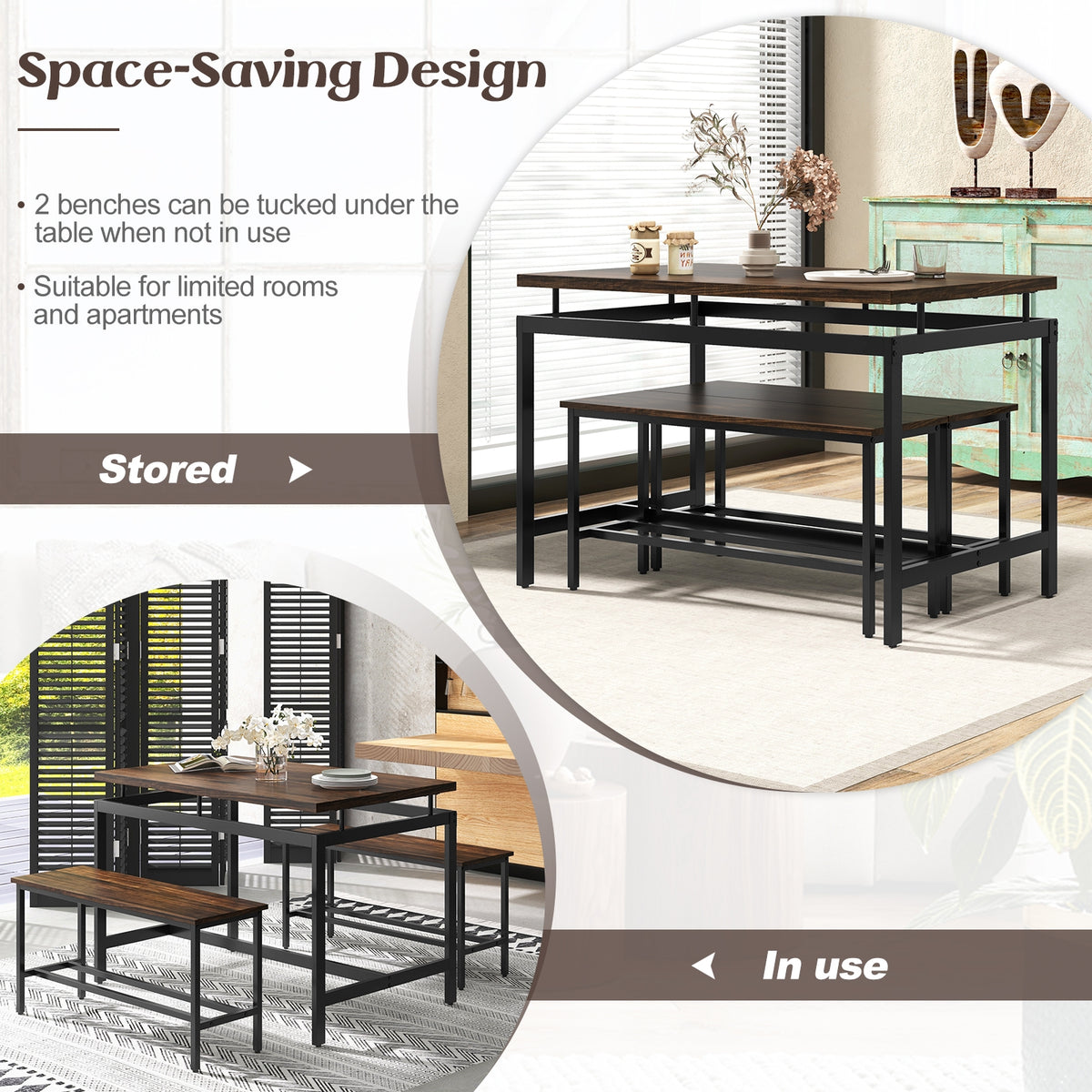 3 Piece Dining Table Set, Wooden Kitchen Table, 2 Benches, Brown Dining Room Sets at Gallery Canada