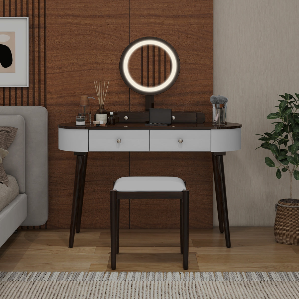 Makeup Vanity Table With LED Mirror, 3 Drawers, Brown, White Makeup Vanities at Gallery Canada