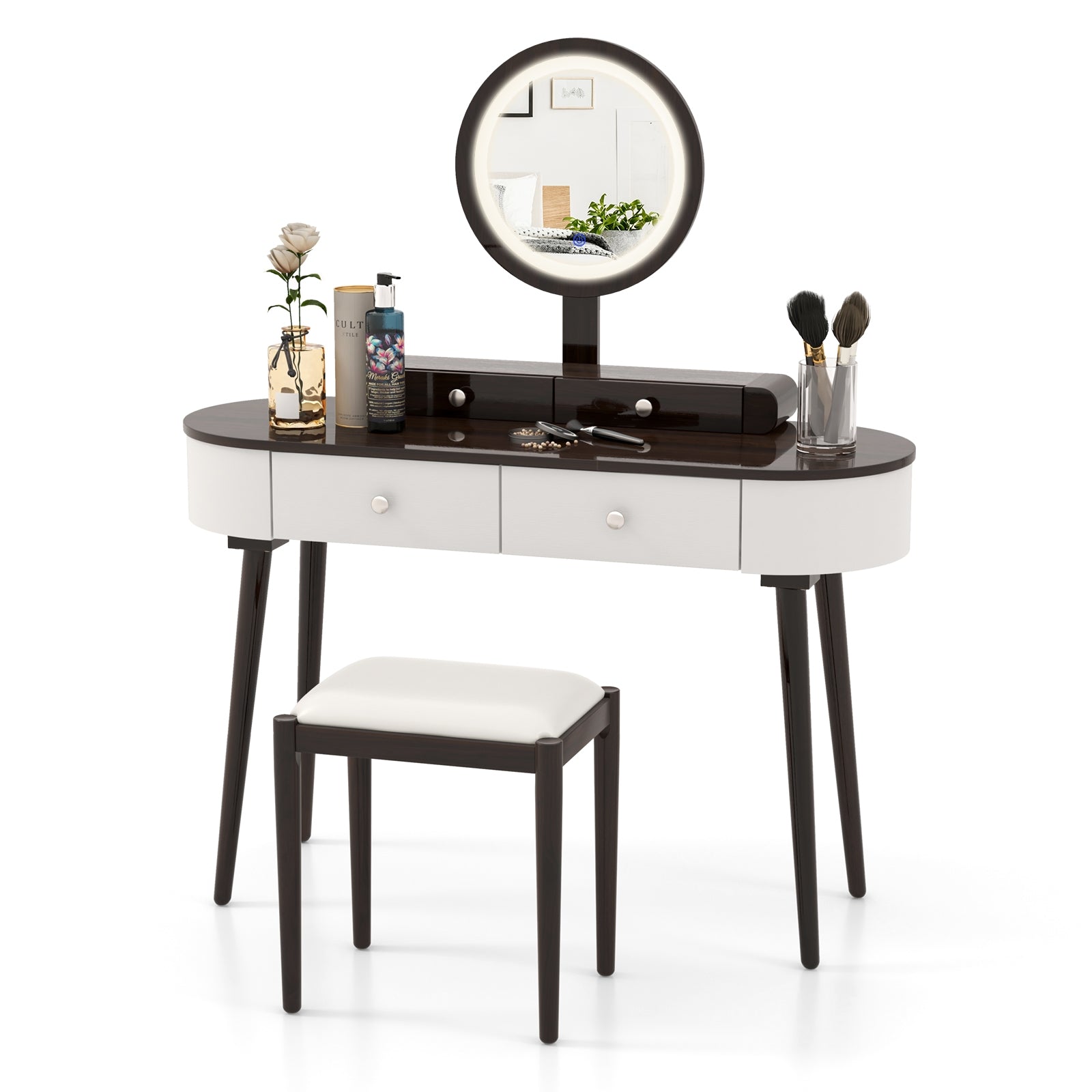 Makeup Vanity Table With LED Mirror, 3 Drawers, Brown, White Makeup Vanities at Gallery Canada