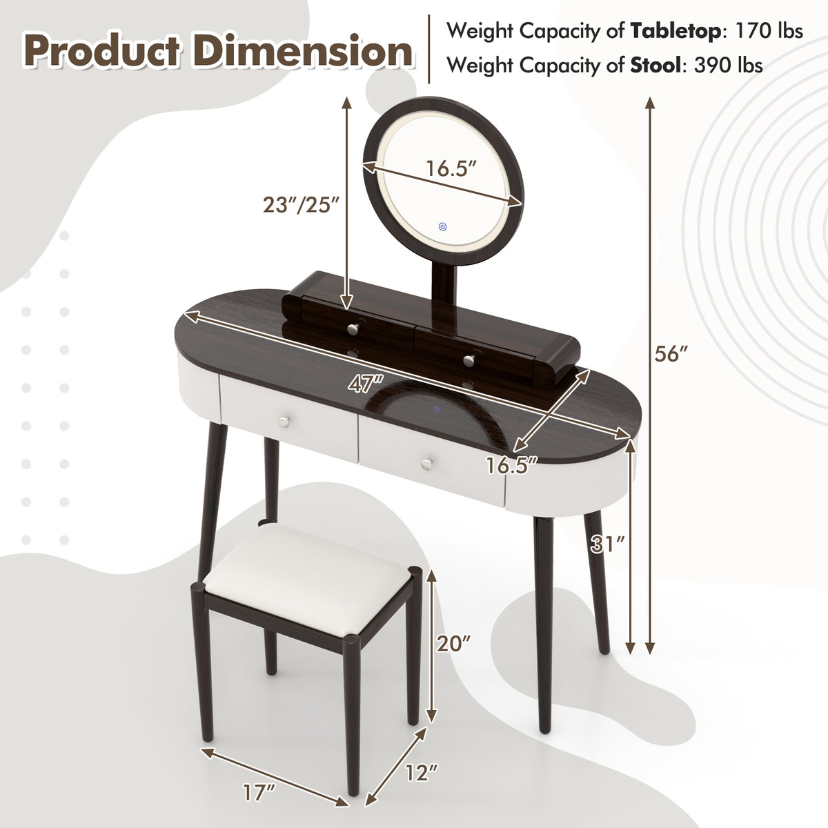 Makeup Vanity Table With LED Mirror, 3 Drawers, Brown, White Makeup Vanities at Gallery Canada