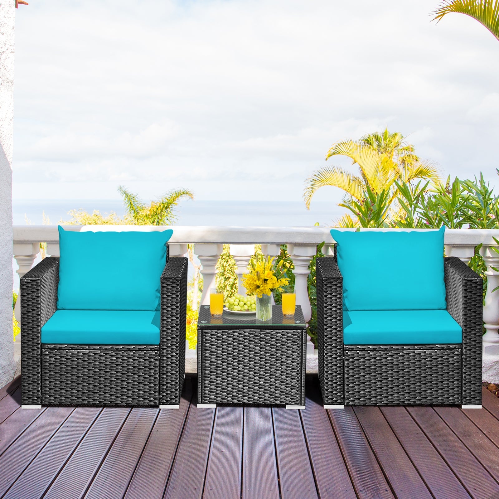 3 Piece Patio Wicker Conversation Set With Cushion, Turquoise Patio Conversation Sets at Gallery Canada