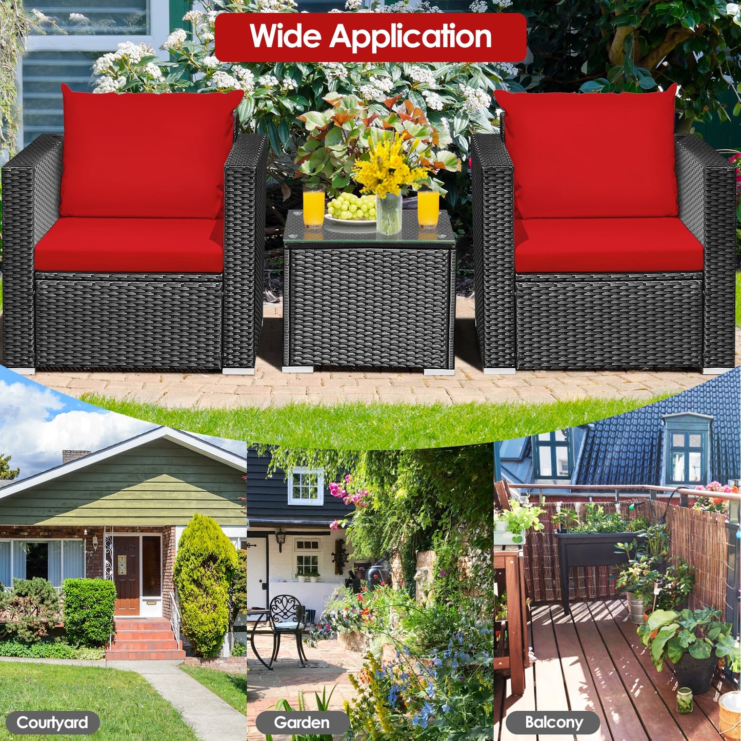 3-Piece Patio Wicker Furniture Set With Cushion, Red Patio Conversation Sets at Gallery Canada