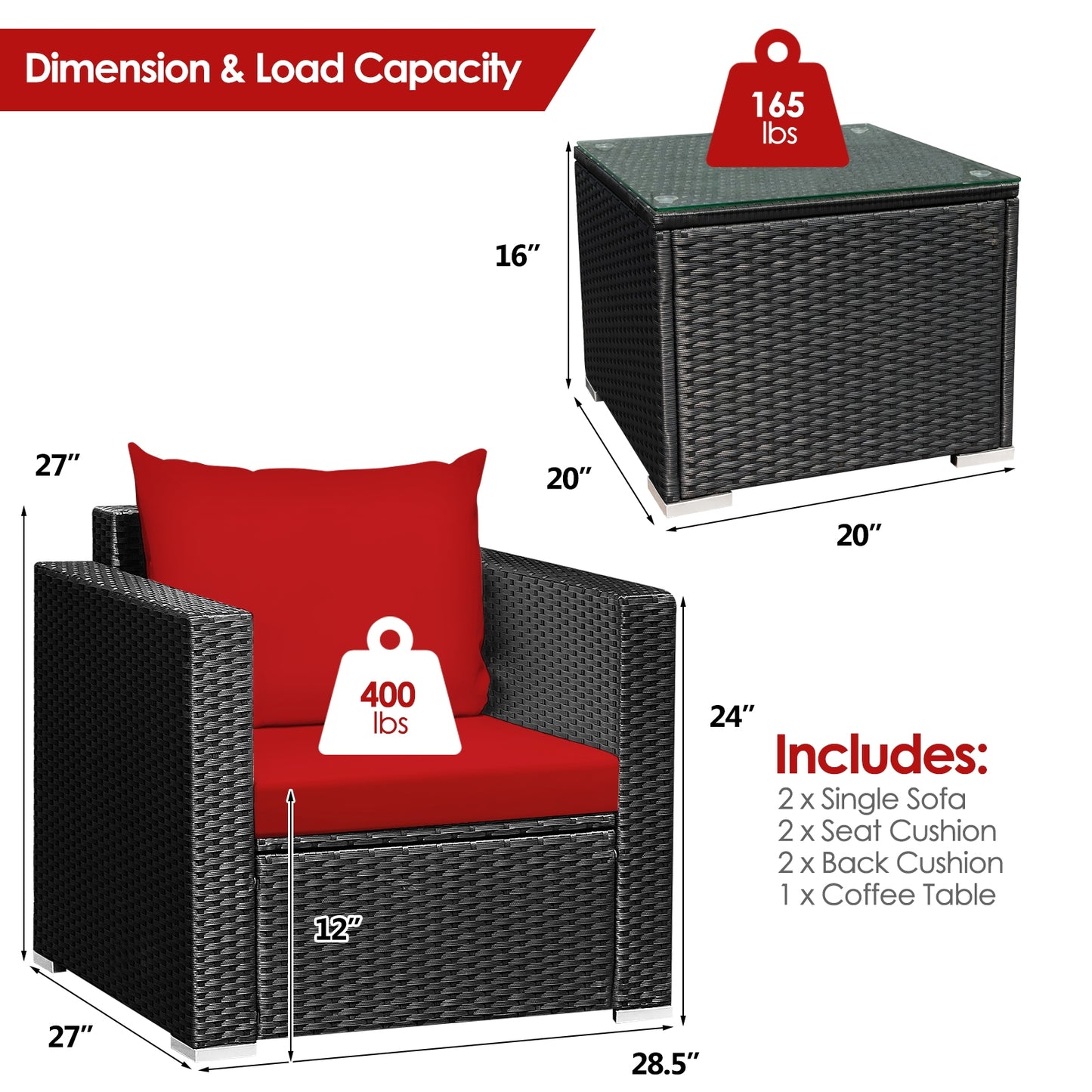 3-Piece Patio Wicker Furniture Set With Cushion, Red Patio Conversation Sets at Gallery Canada