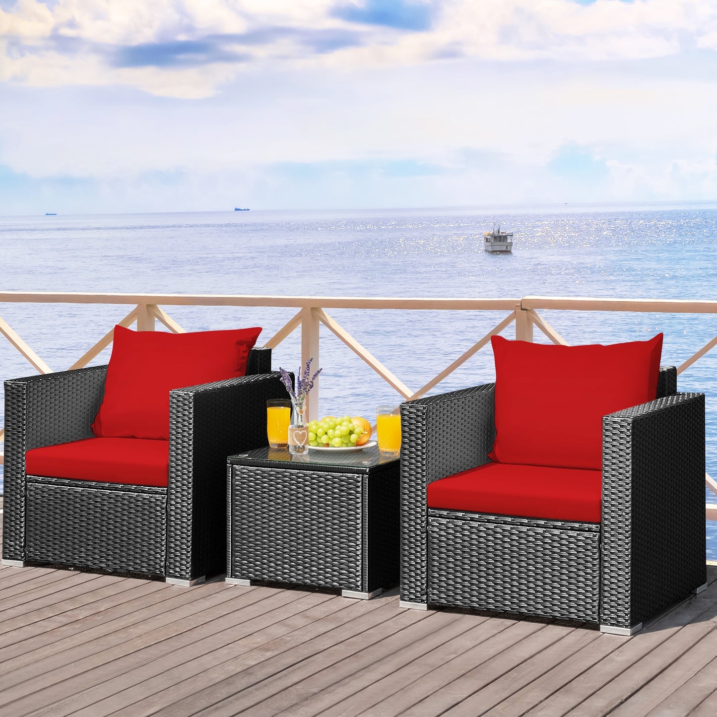 3-Piece Patio Wicker Furniture Set With Cushion, Red Patio Conversation Sets at Gallery Canada