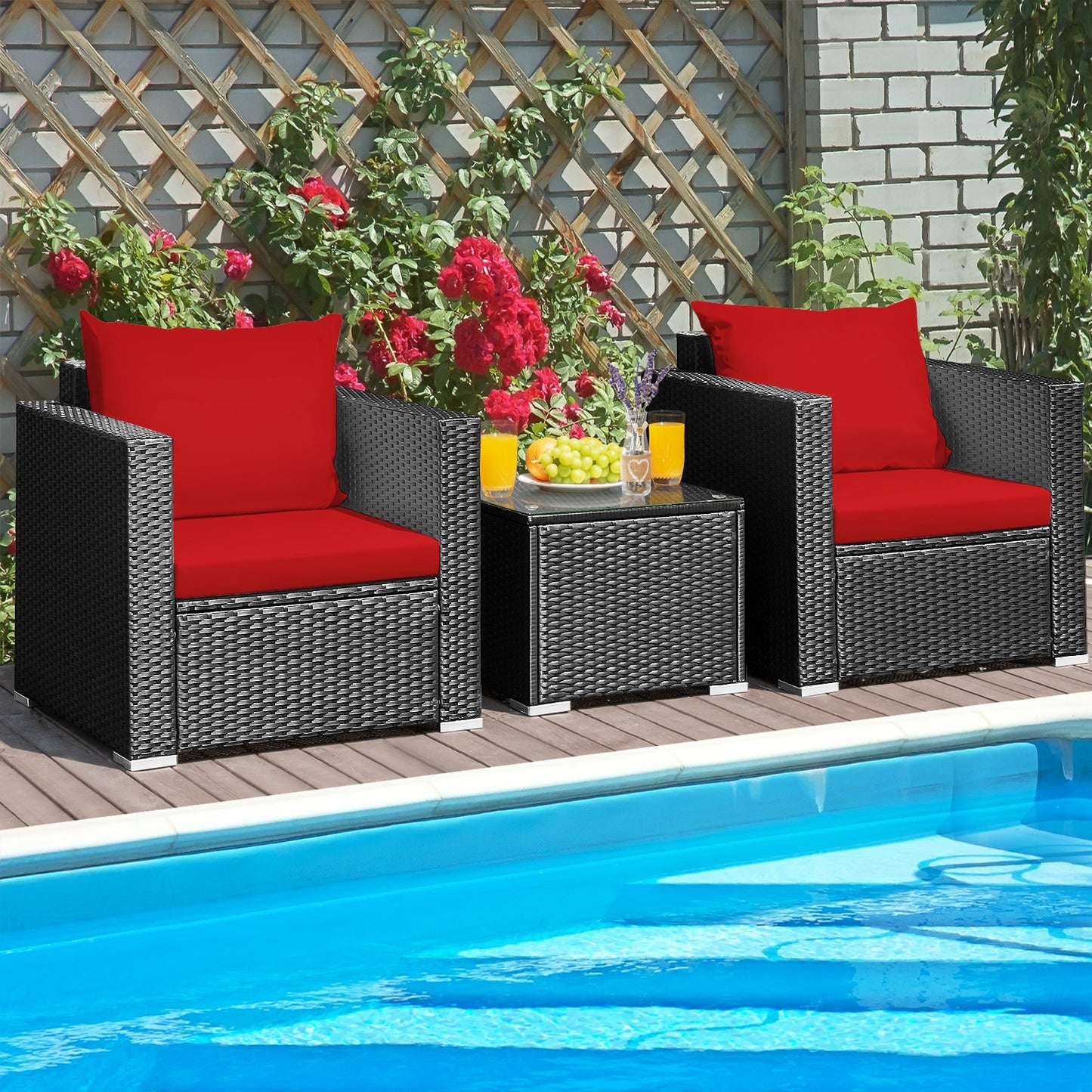 3-Piece Patio Wicker Furniture Set With Cushion, Red Patio Conversation Sets at Gallery Canada