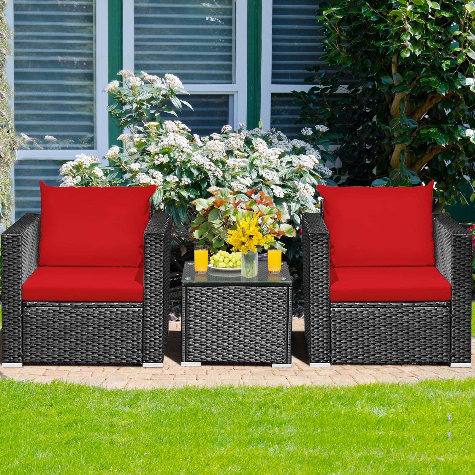 3-Piece Patio Wicker Furniture Set With Cushion, Red Patio Conversation Sets at Gallery Canada