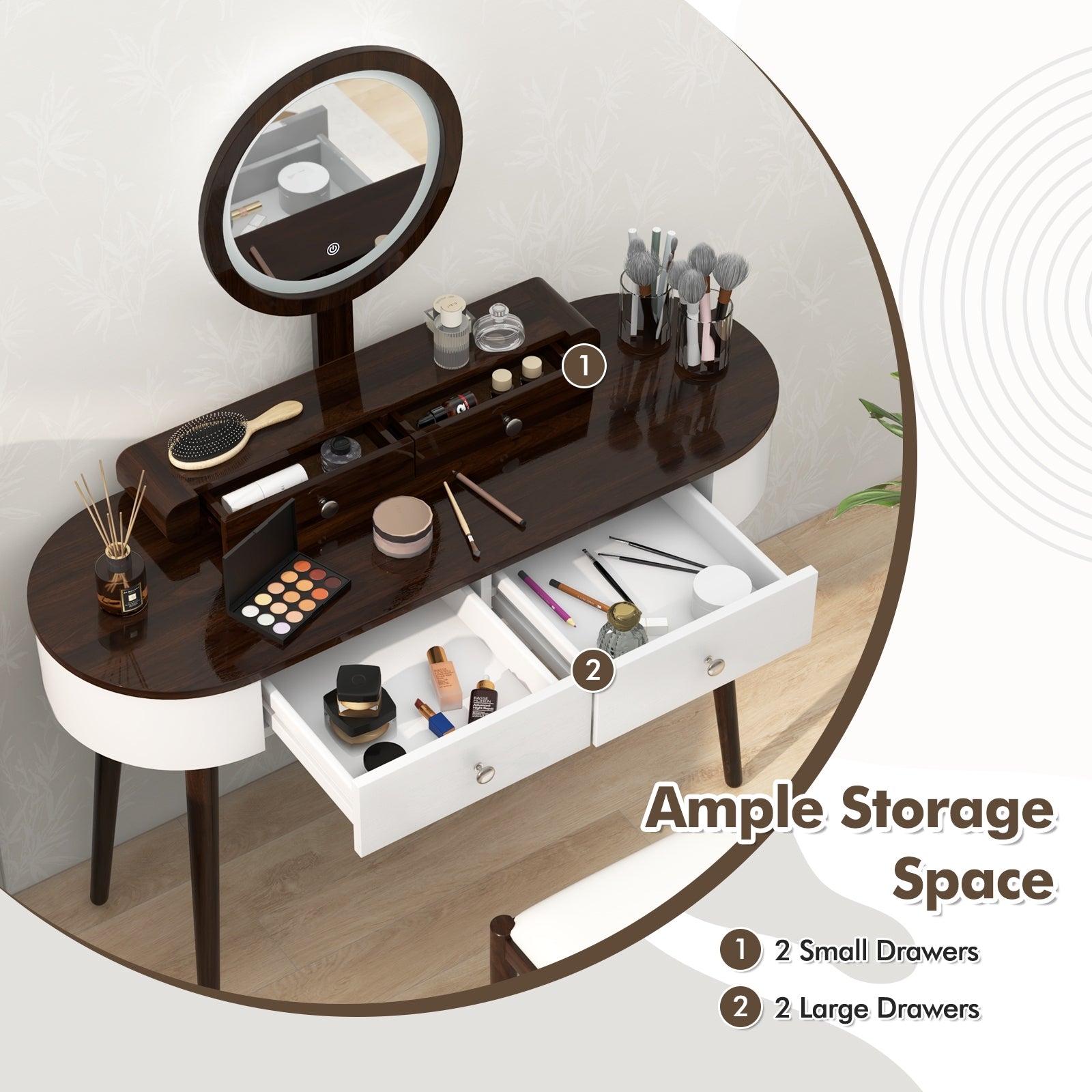 Makeup Vanity Table With LED Mirror, 3 Drawers, Brown, White Makeup Vanities at Gallery Canada