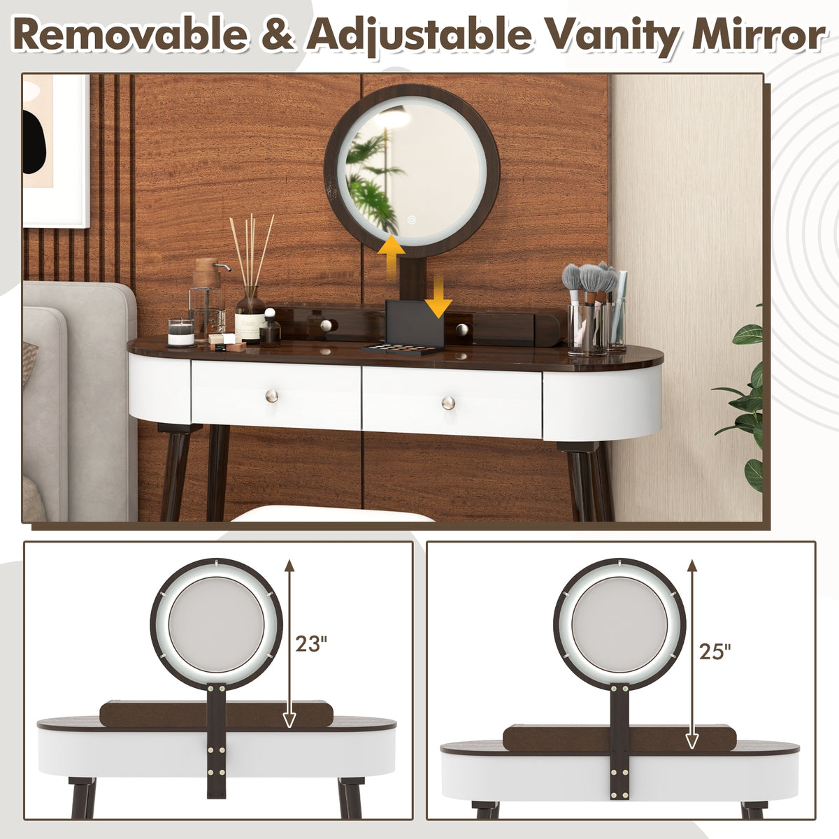 Makeup Vanity Table With LED Mirror, 3 Drawers, Brown, White Makeup Vanities at Gallery Canada