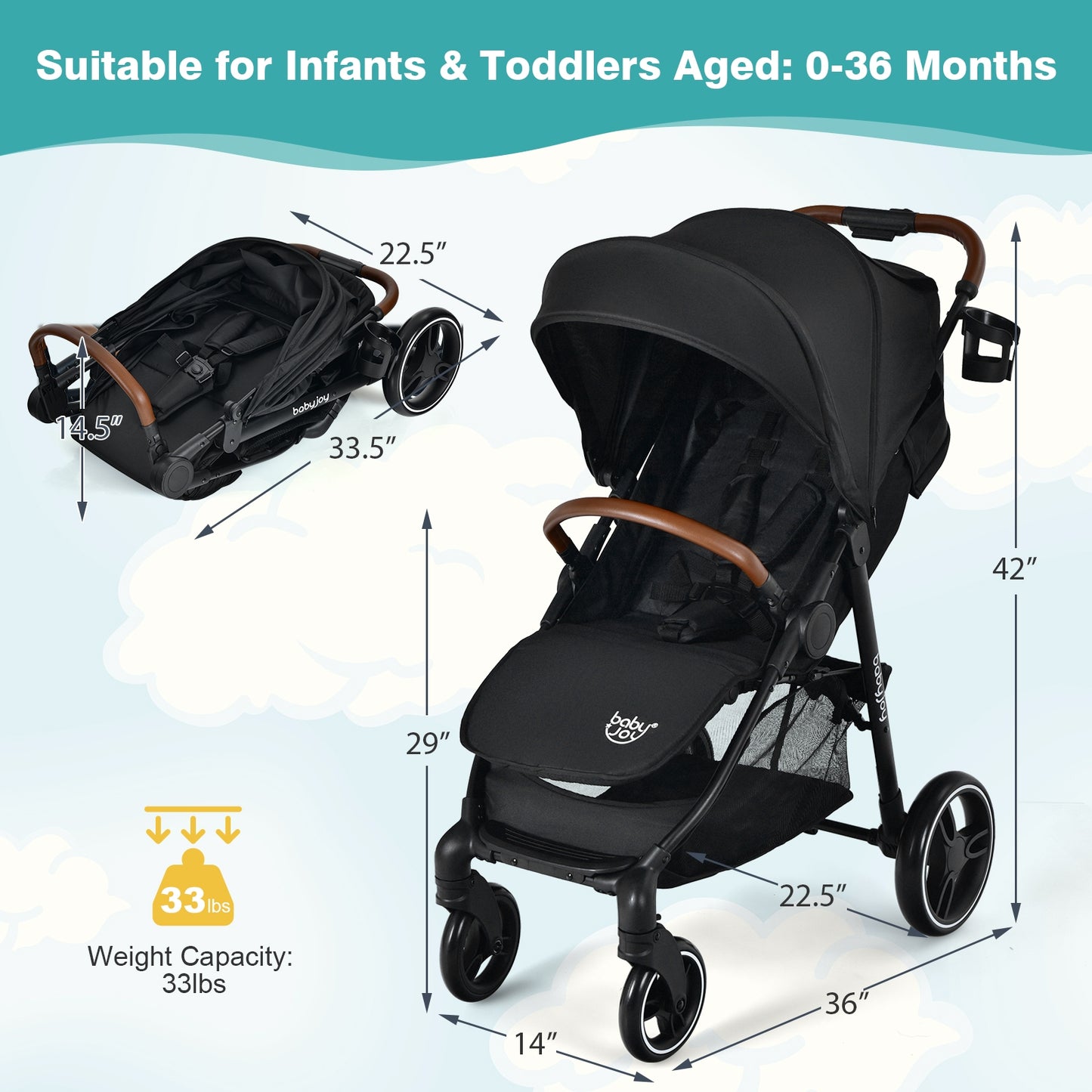 Lightweight Infant Stroller, 5-Point Harness, Adjustable Backrest, Black Baby Strollers at Gallery Canada